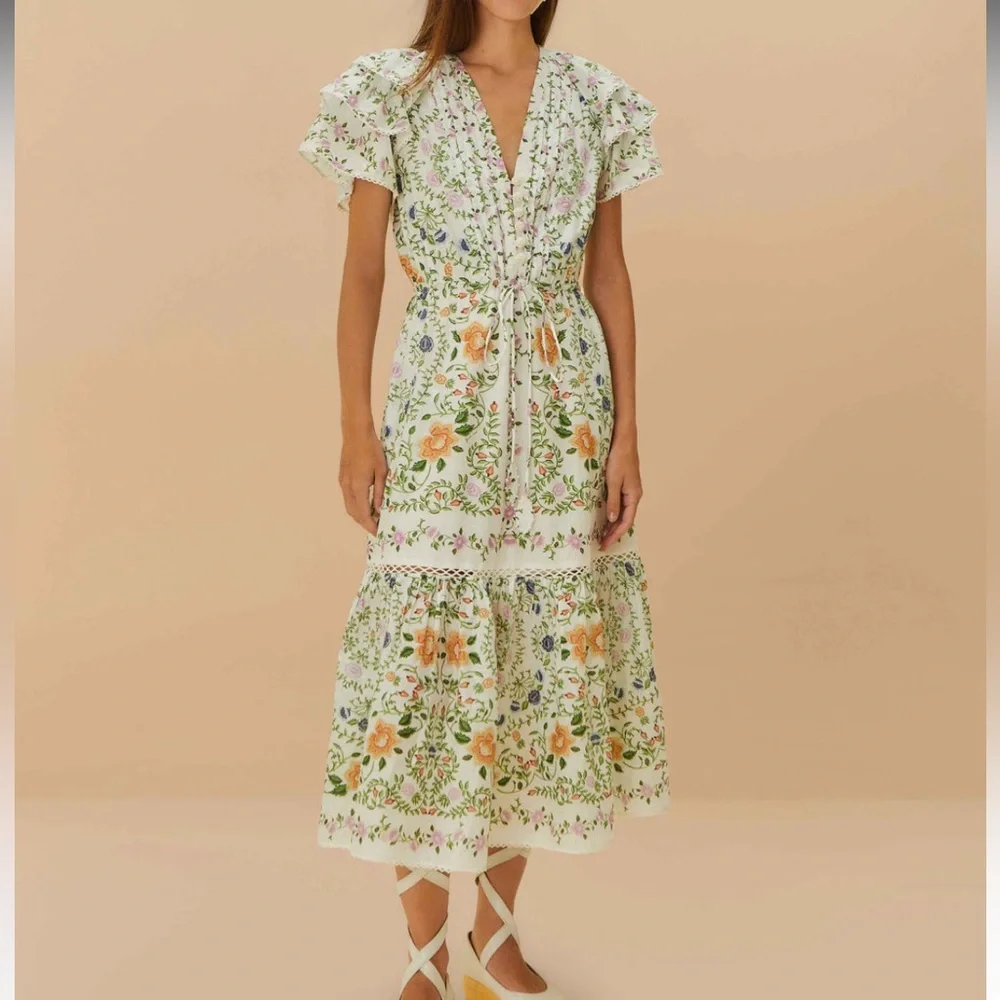 Farm Rio Off-White Folk Floral Lace Midi Dress. L. NWT. - Picture 3 of 14